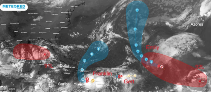 En 18 horas se forman tres tormentas tropicales en el Atlántico: Emily, Franklin y ahora Gert