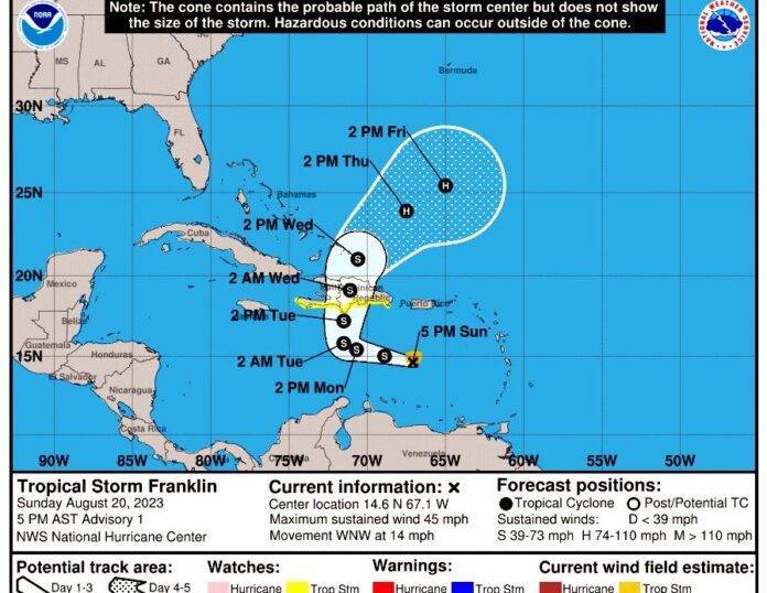 Tormenta Tropical Franklin se forma en el mar Caribe podría afectar el martes a RD con fuertes lluvias y vientos