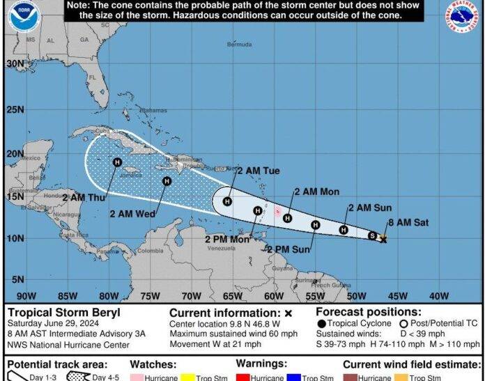 Tormenta tropical Beryl avanza hacia el sureste del Caribe y amenaza con convertirse en huracán