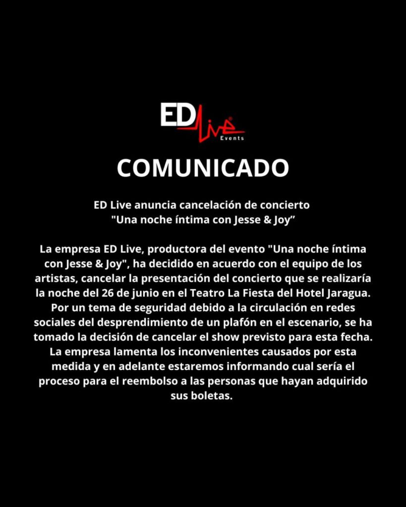 🔴 UltimoMinutoDL La productora EDLive anuncio que en acuerdo con los artistas cancela el concierto de Jesse Joy la noche de este jueves en el Jaragua. La informacion fue ofrecida luego de que e