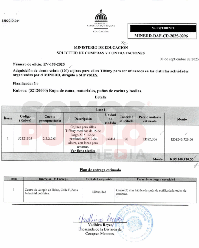 Educación licita RD$240 mil en cojines para sillas usadas en inauguraciones; compran a RD$2,000 cojín que en tiendas se consigue a RD$450