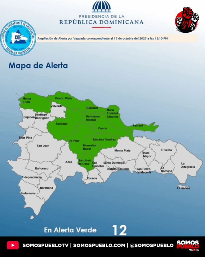 COE eleva a 12 las provincias en alerta verde por vaguada y sistema frontal