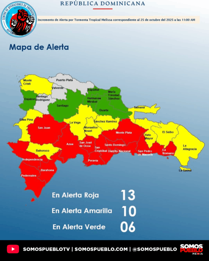Aumentan a 12 provincias en alerta roja junto a la capital por efectos de Melissa
