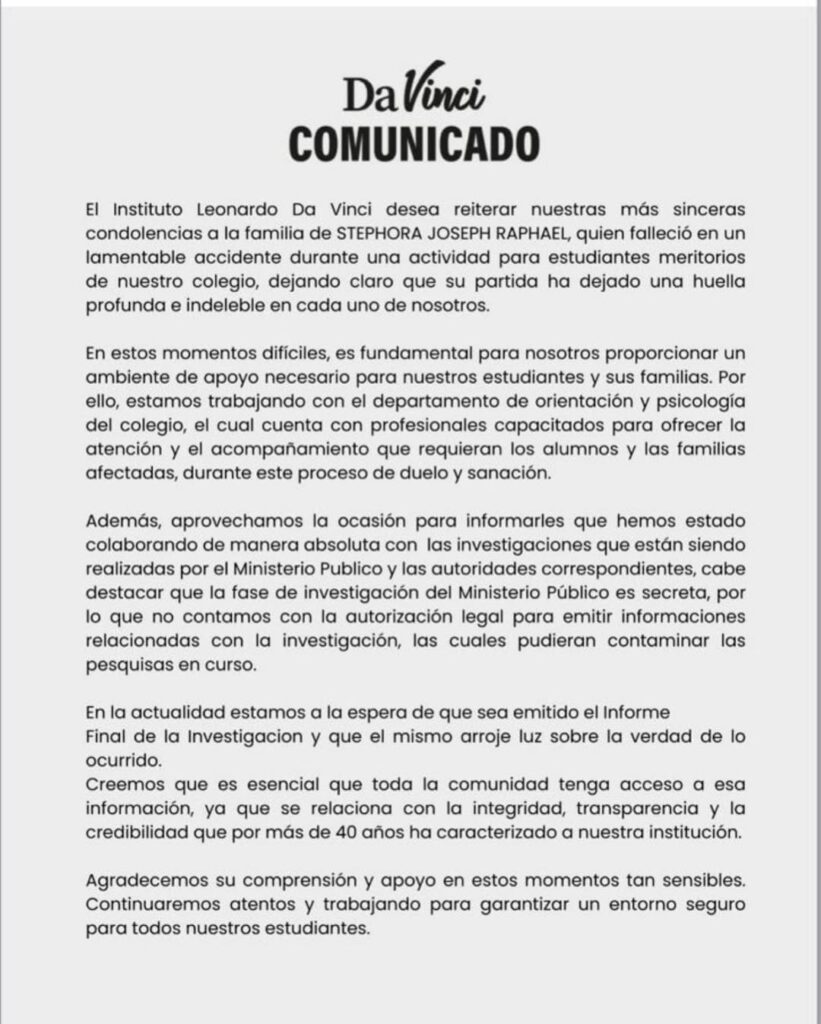 El Instituto Leonardo Da Vinci emitio este sabado una comunicacion en la que expresa sus condole