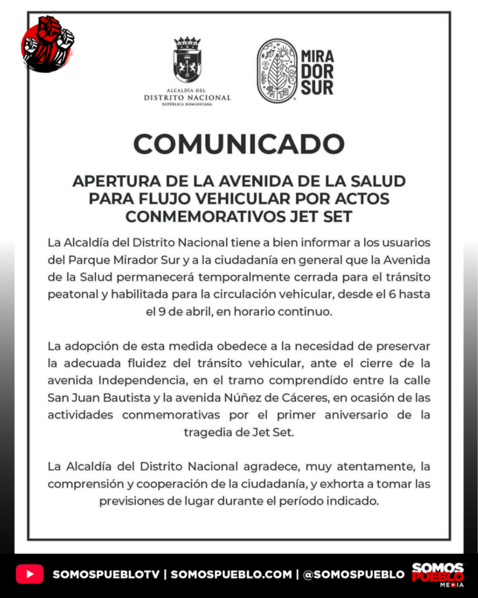 ADN habilitará flujo vehicular en la Avenida de la Salud por actos de «Jet Set»