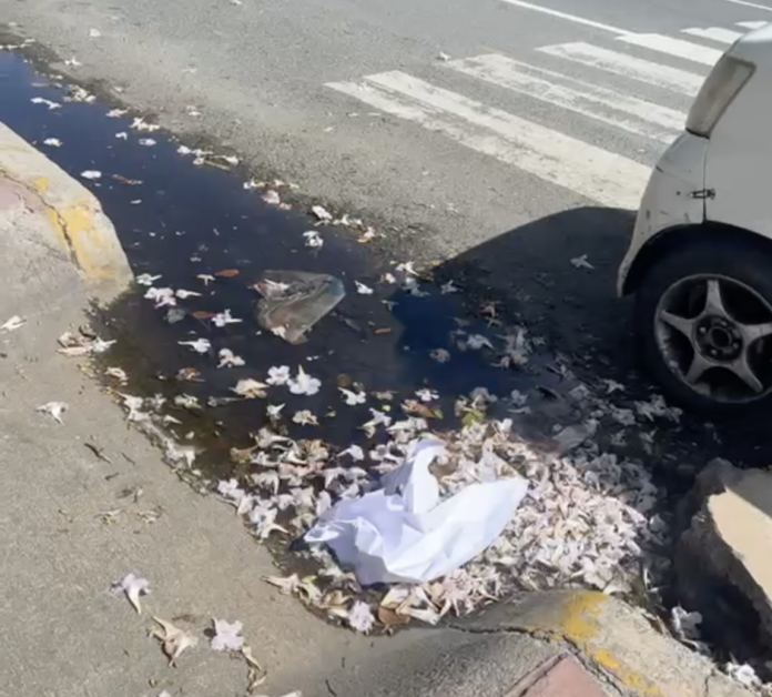 Denuncian peligro para peatones por aguas residuales y mal estacionamiento frente a rehabilitación