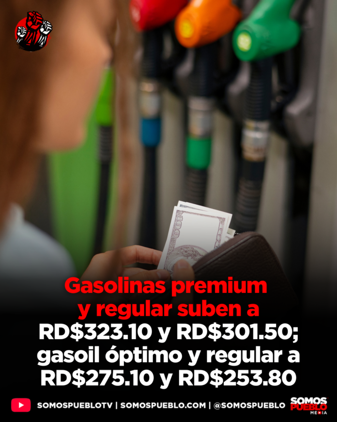 Gasolinas premium y regular suben a RD$323.10 y RD$301.50; gasoil óptimo y regular a RD$275.10 y RD$253.80